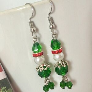 Silver Plated Pearl/Rhinestone Elf Christmas Dangle Earrings, Fishhook
